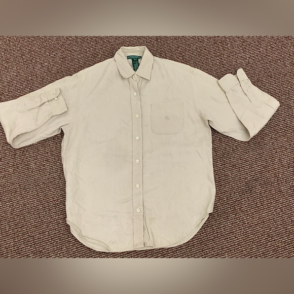 Women's Small Petite Natural Linen Lauren Ralph Lauren Vtg Button Down Shirt - Picture 3 of 12